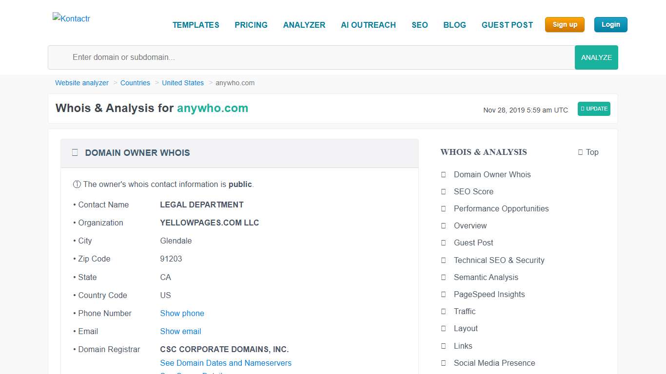 anywho.com Domain Owner Whois and Analysis